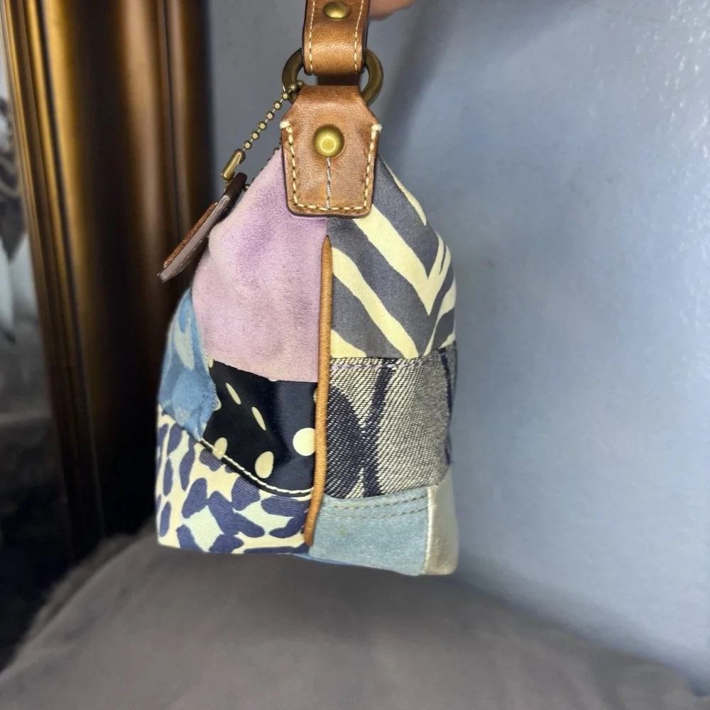 Vtg Coach Patchwork Denim Blue Brown Multicolor Shoulder Bag Leather Handle